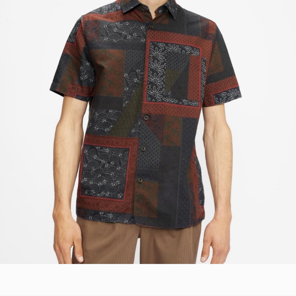New W Tag Ted Baker Patchwork hemp  Shirt Short Button Front  Cotton